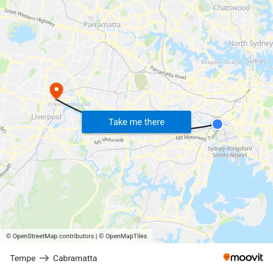 Tempe to Cabramatta map