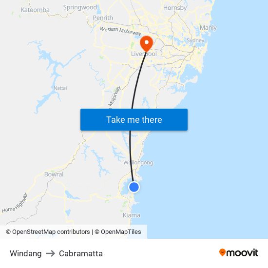 Windang to Cabramatta map