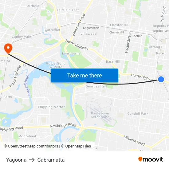 Yagoona to Cabramatta map