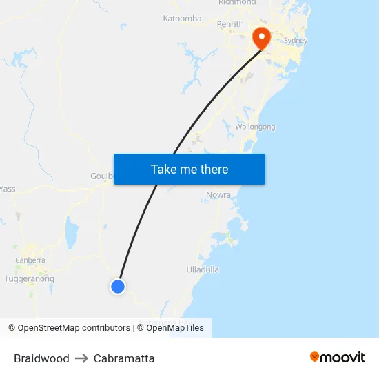 Braidwood to Cabramatta map