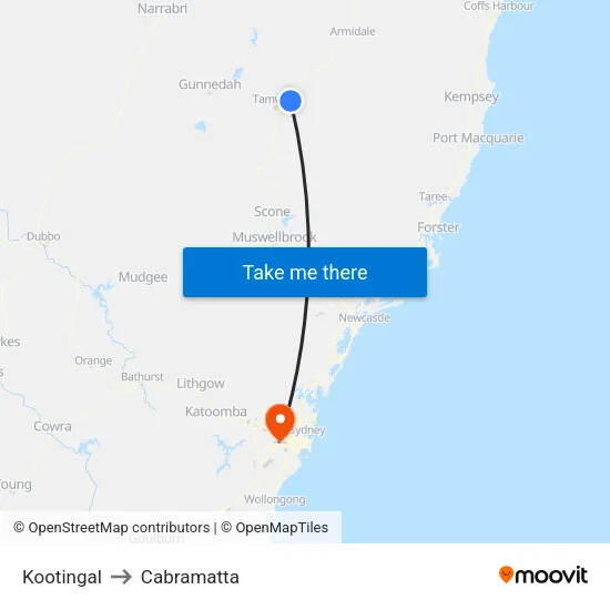 Kootingal to Cabramatta map