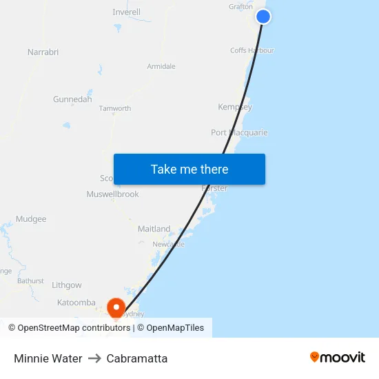 Minnie Water to Cabramatta map