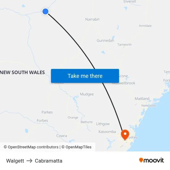 Walgett to Cabramatta map