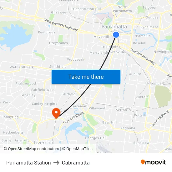 Parramatta Station to Cabramatta map