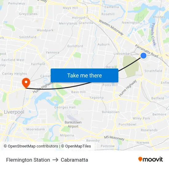 Flemington Station to Cabramatta map