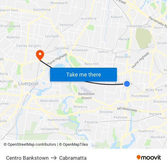 Centro Bankstown to Cabramatta map