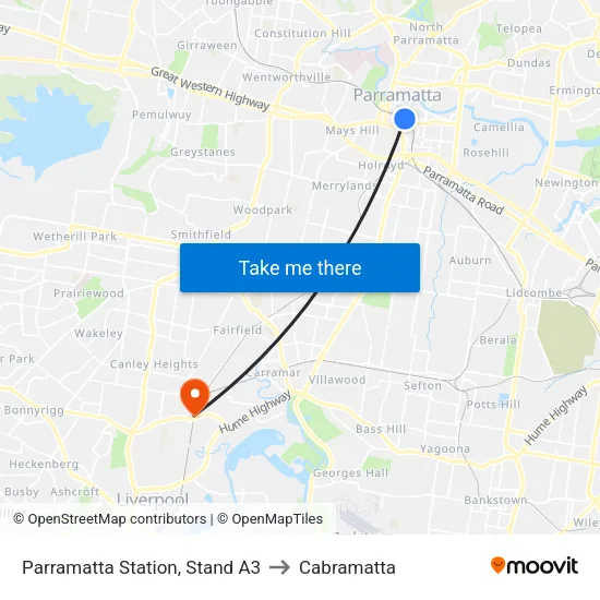 Parramatta Station, Stand A3 to Cabramatta map