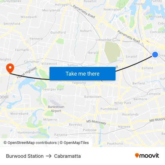 Burwood Station to Cabramatta map