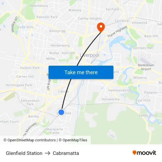 Glenfield Station to Cabramatta map
