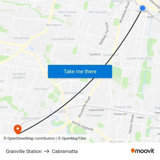 Granville Station to Cabramatta map