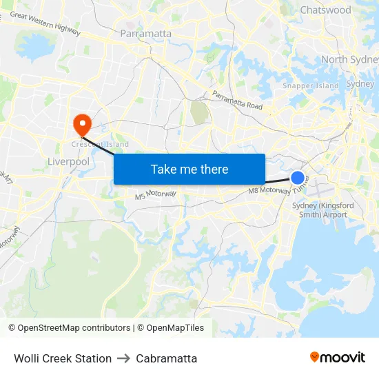 Wolli Creek Station to Cabramatta map