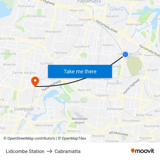Lidcombe Station to Cabramatta map