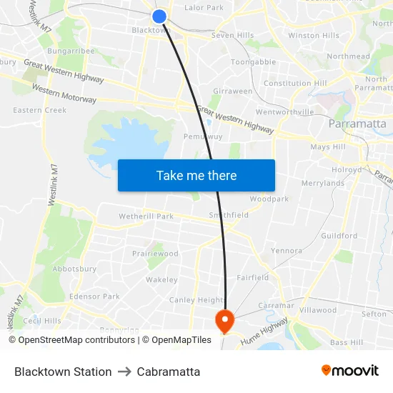 Blacktown Station to Cabramatta map
