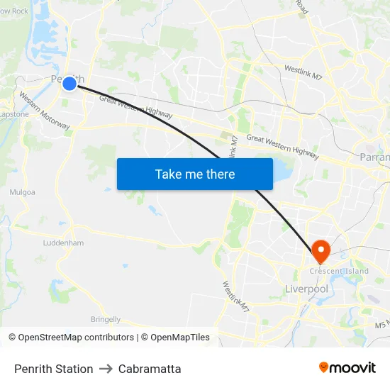Penrith Station to Cabramatta map