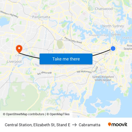 Central Station, Elizabeth St, Stand E to Cabramatta map