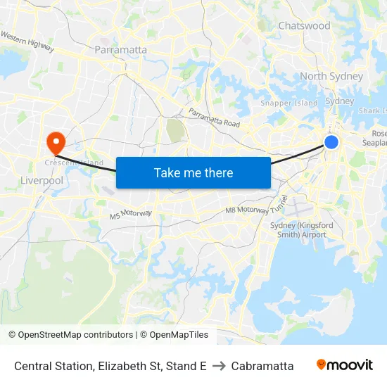 Central Station, Elizabeth St, Stand E to Cabramatta map