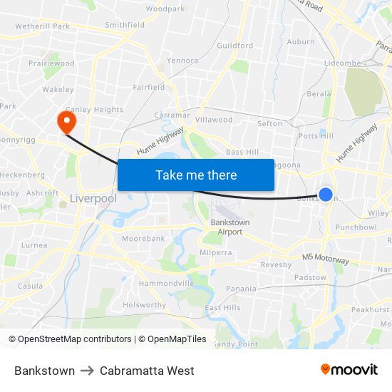 Bankstown to Cabramatta West map