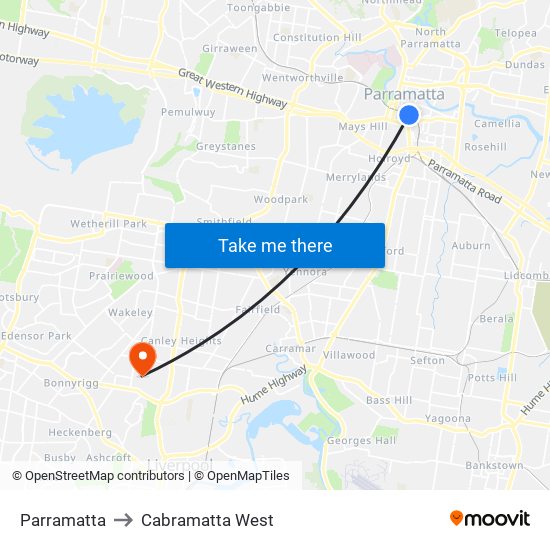 Parramatta to Cabramatta West map