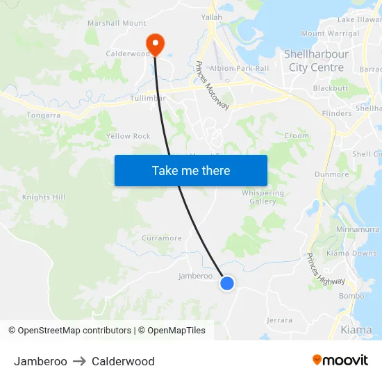 Jamberoo to Calderwood map