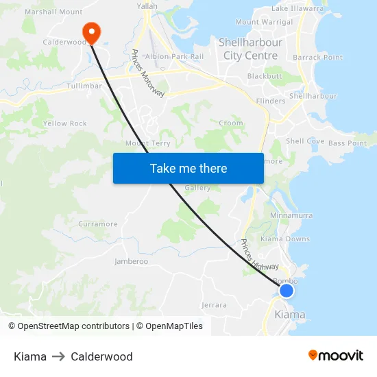 Kiama to Calderwood map