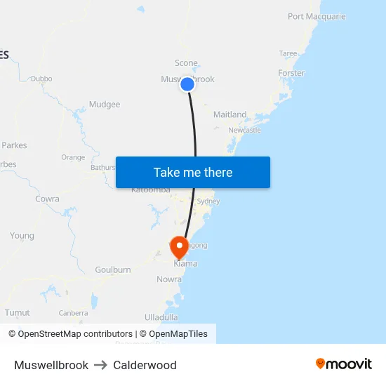 Muswellbrook to Calderwood map