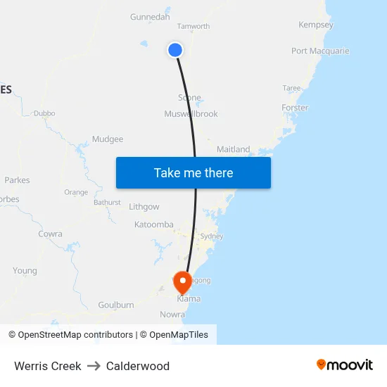 Werris Creek to Calderwood map