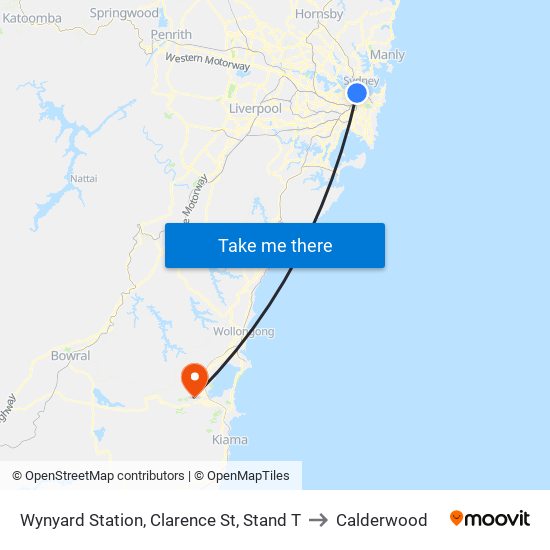 Wynyard Station, Clarence St, Stand T to Calderwood map