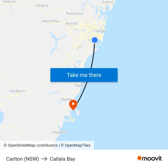 Carlton (NSW) to Callala Bay map