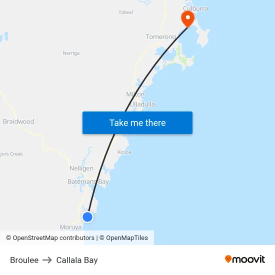 Broulee to Callala Bay map