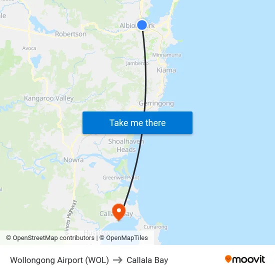 Wollongong Airport (WOL) to Callala Bay map