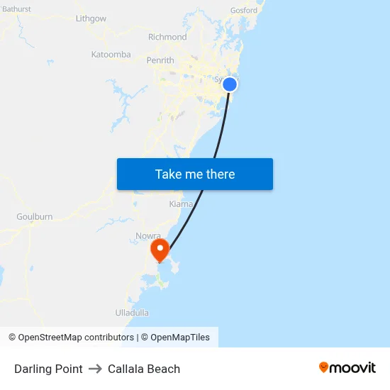 Darling Point to Callala Beach map