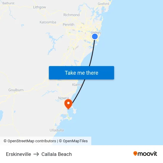 Erskineville to Callala Beach map