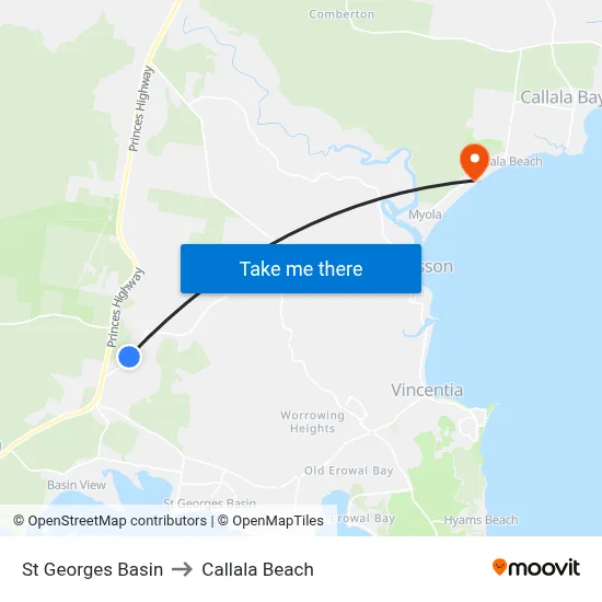 St Georges Basin to Callala Beach map