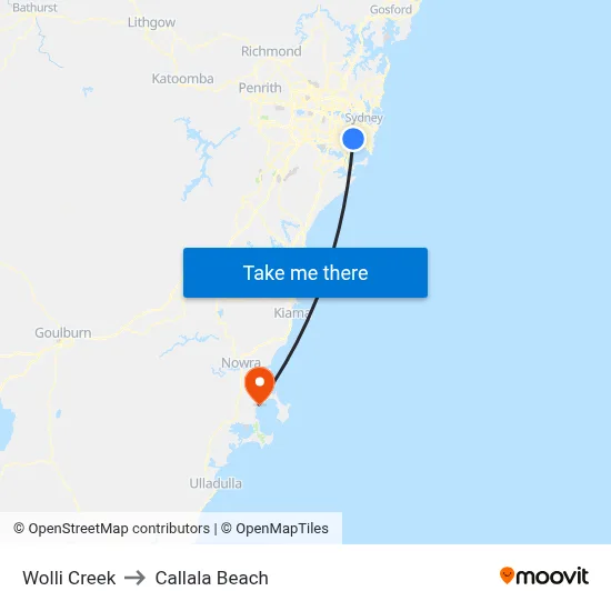 Wolli Creek to Callala Beach map