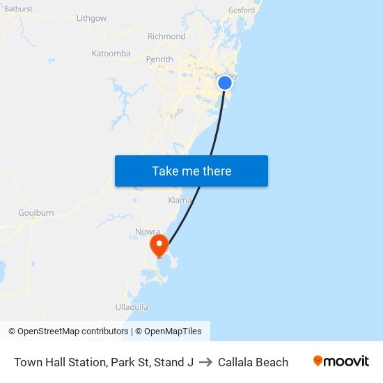 Town Hall Station, Park St, Stand J to Callala Beach map