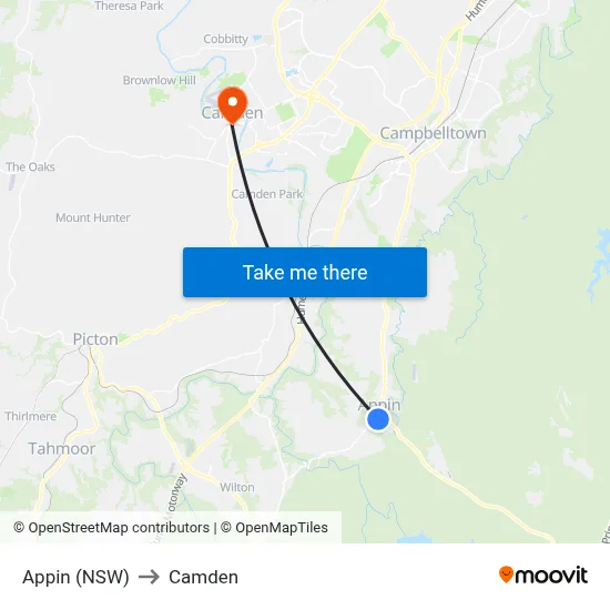 Appin (NSW) to Camden map