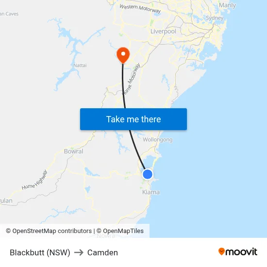 Blackbutt (NSW) to Camden map