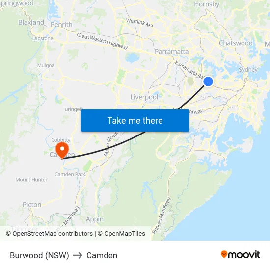 Burwood (NSW) to Camden map