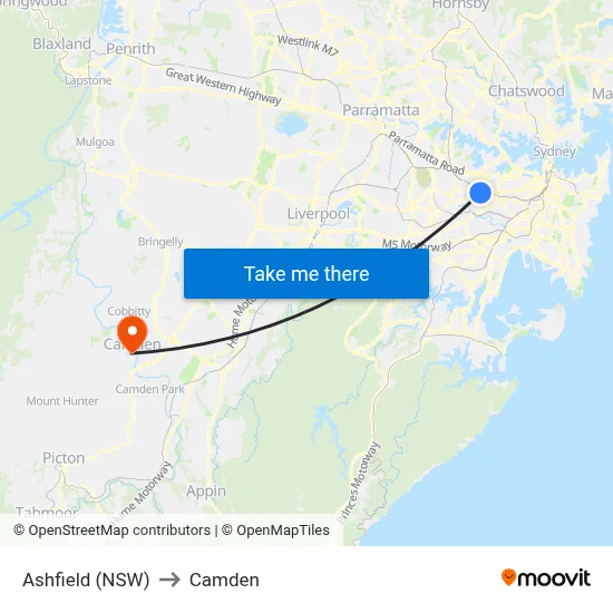 Ashfield (NSW) to Camden map