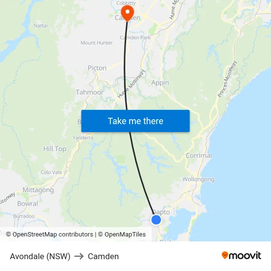 Avondale (NSW) to Camden map