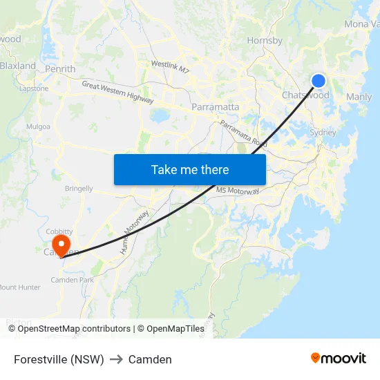Forestville (NSW) to Camden map