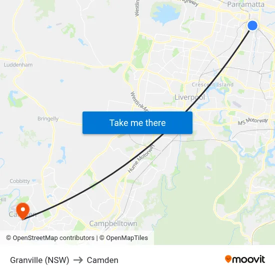 Granville (NSW) to Camden map