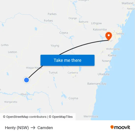 Henty (NSW) to Camden map