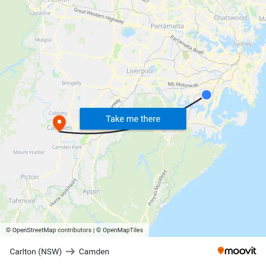 Carlton (NSW) to Camden map