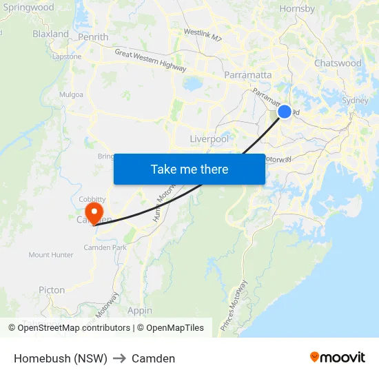 Homebush (NSW) to Camden map
