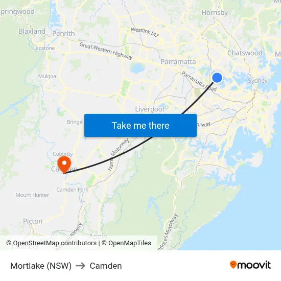 Mortlake (NSW) to Camden map