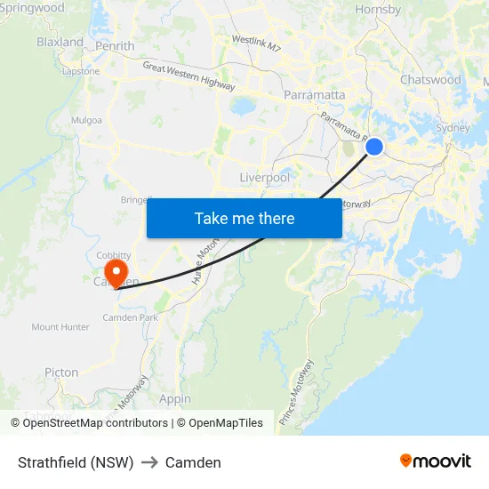 Strathfield (NSW) to Camden map