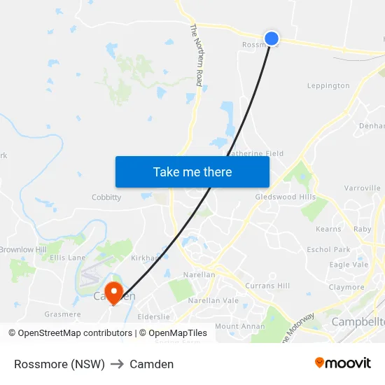 Rossmore (NSW) to Camden map