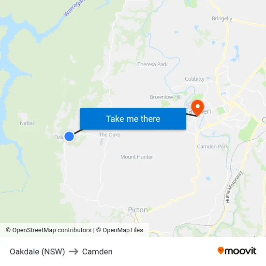 Oakdale (NSW) to Camden map