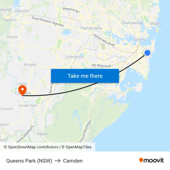 Queens Park (NSW) to Camden map